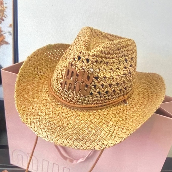 Miu Miu Accessories - Miu Miu Natural Straw Crochet Cowboy Hat